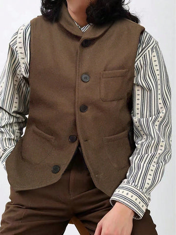 Men Pocket Patched Button Front Vest Overcoat