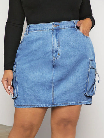 Plus Size Women's Utility Pockets Denim Skirt