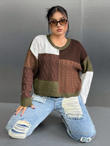Plus Color Block Cable Knit Drop Shoulder Sweater
