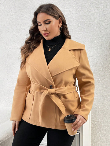 Plus Size Wool Blend Coat With Wide Lapel Collar And Tie Belt