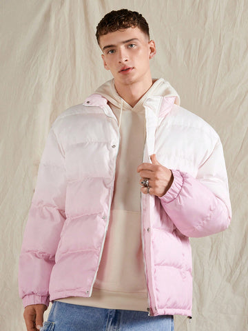 1pc Men's Loose Fit Ombre Snap Button Zip Up Puffer Coat