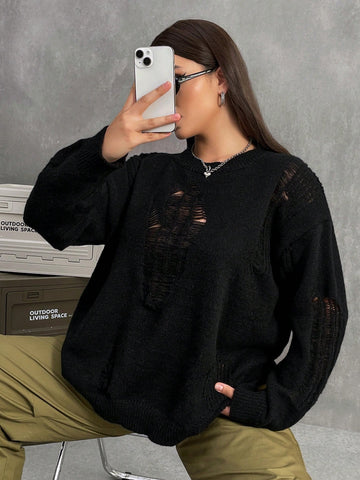 Plus Solid Drop Shoulder Ripped Sweater