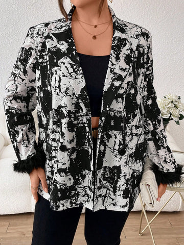Plus Size Women's All Over Printed Plush Cuffs Suit
