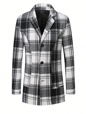 Loose Fit Men's Button Front Overcoat With Plaid Print