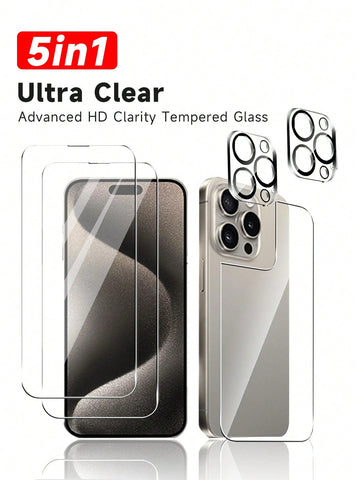 5pcs/set - 2pcs Front Screen Hd Film, 1pc Back Film, 1pc Anti-shock Tempered Glass Protector, 2pcs Camera Lens Protector, Compatible With Iphone