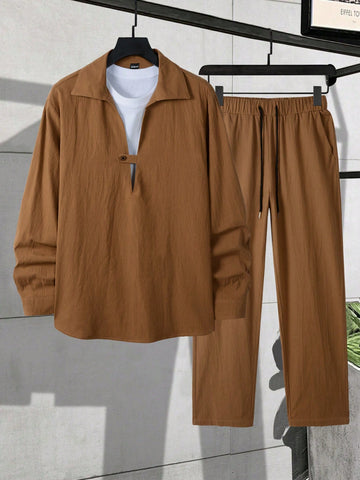 Men's Loose Fit Two-Piece Outfit With Shirt And Drawstring Waist Pants