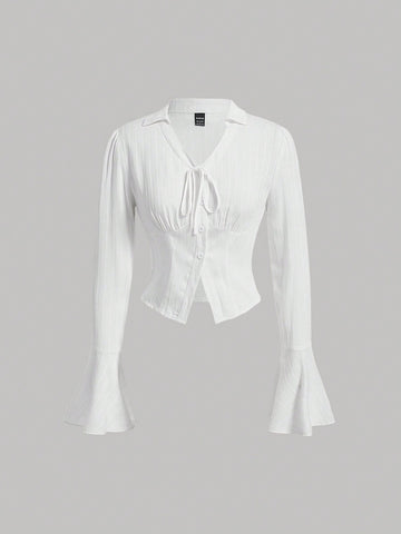 Solid Button Front Flare Sleeve Blouse