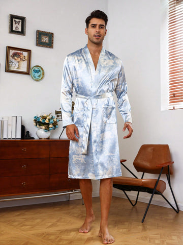 Men Floral Print Dual Pockets Belted Sleep Robe