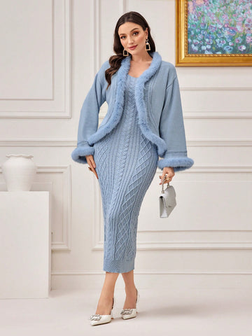 Fuzzy Trim Duster Cardigan &  Cable Knit Sweater Dress