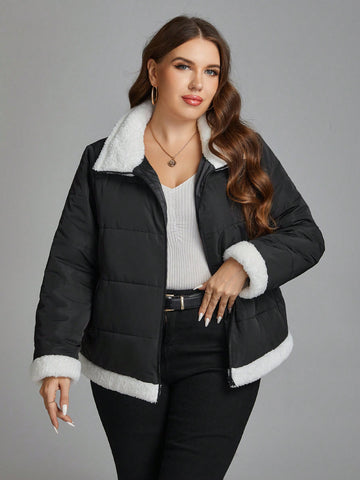 Plus Size Women'S Puffer Coat With Contrasting Collar