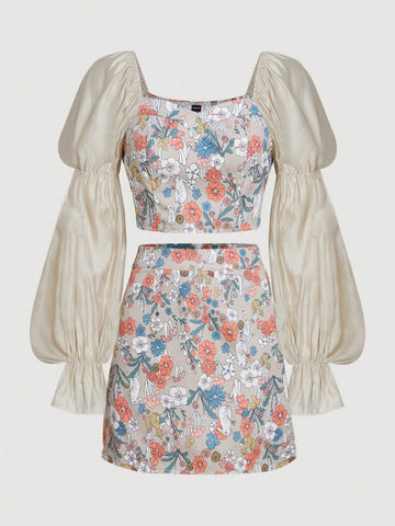 Floral Print Flounce Sleeve Crop Top & Skirt