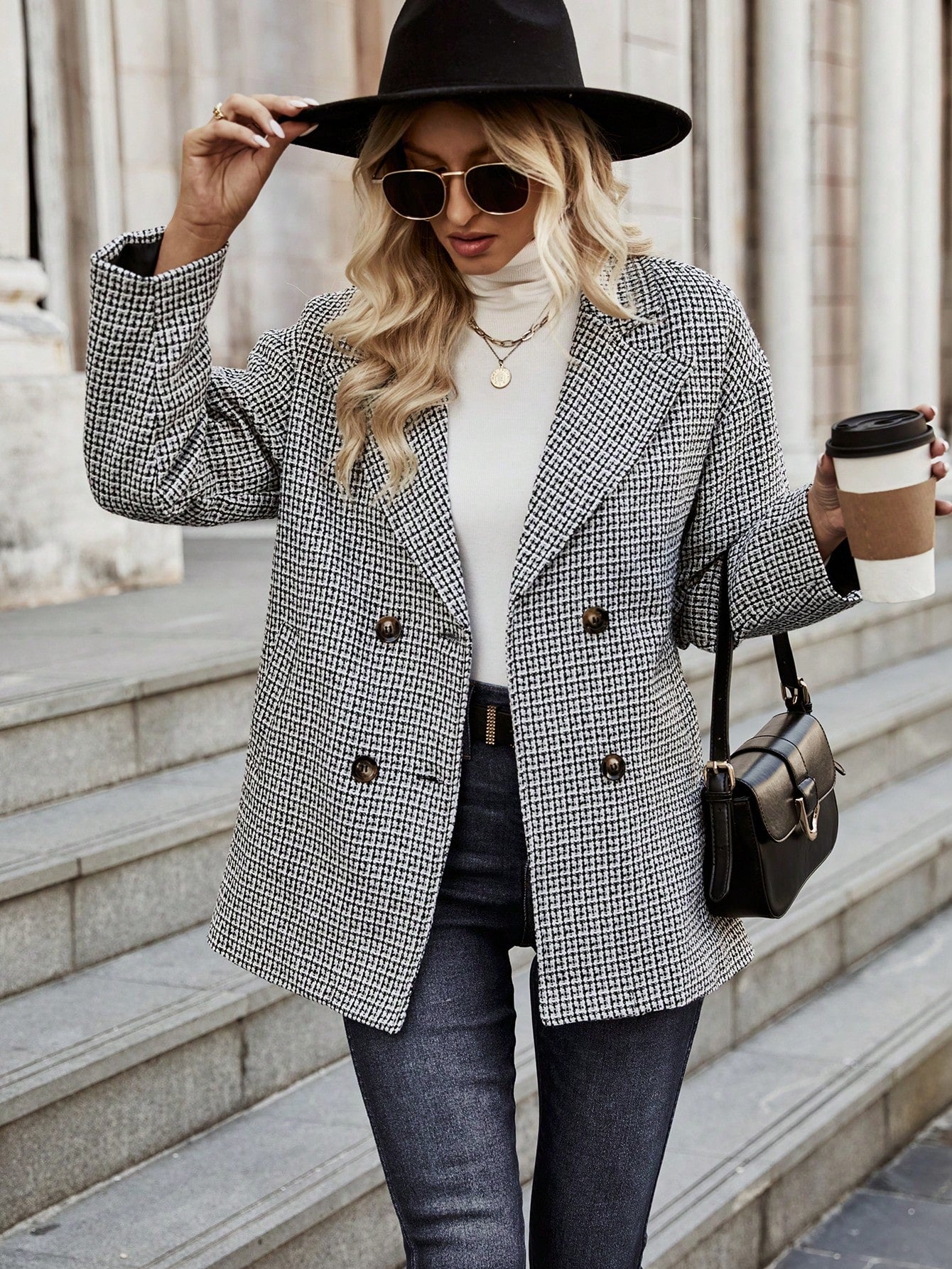 Houndstooth Double Breasted Lapel Collar Tweed Blazer