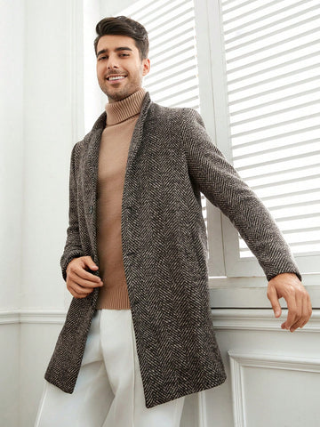 Men Button Front Tweed Overcoat