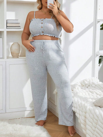 Plus Size Women's Ruffled Hem Cami Top And Tie Waist Long Pants Pajama Set