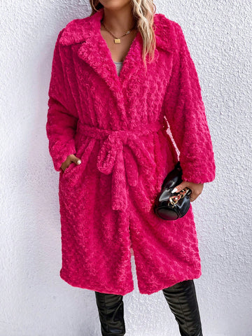 Plus Lapel Neck Belted Fuzzy Coat Thermal