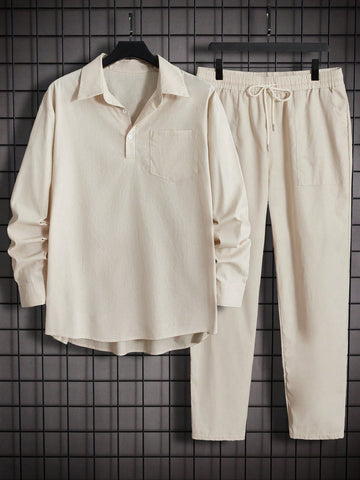 Men Pocket Patched Corduroy Shirt & Drawstring Waist Pants