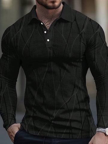 Men's Geometric Line Print Long Sleeve Polo Shirt