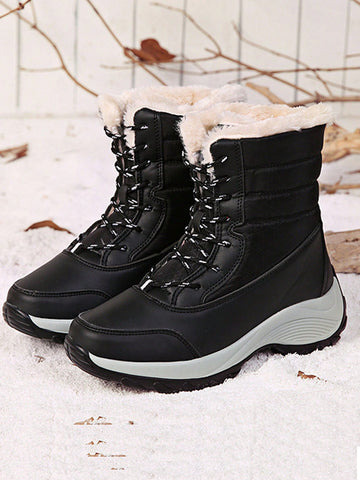 Women Snow Boots Middle Tube Thickened Warm Shoes Water-Proof Anti-Skid Bottom Fluffy Lined Winter Footwear