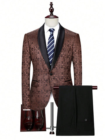 Men's Color Block Shawl Collar Suit Jacket And Solid Color Trousers Two-piece Set