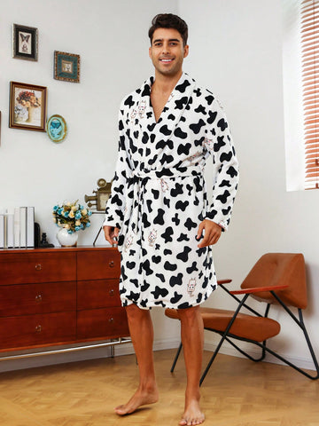 Men Cow Print Belted Flannel Robe