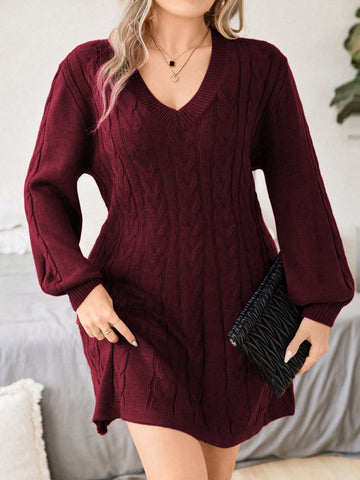 Plus Cable Knit Lantern Sleeve Sweater Dress