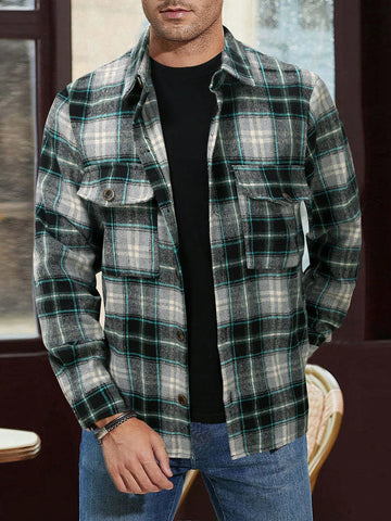 Men Plaid Print Flap Pocket Overcoat Without Tee