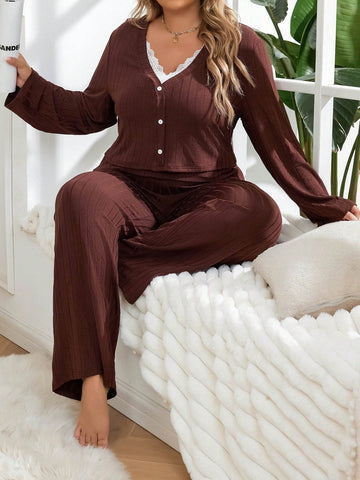 Plus Size Lace Trimmed Button Detail Pajama Set