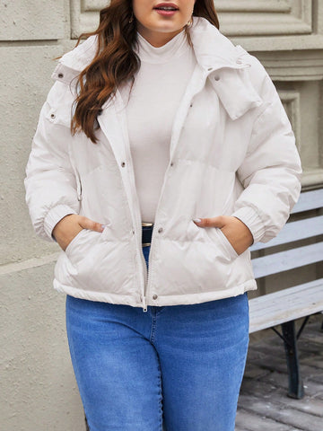 Plus Size Hooded -Padded Coat With Drop Shoulder And Side Pockets