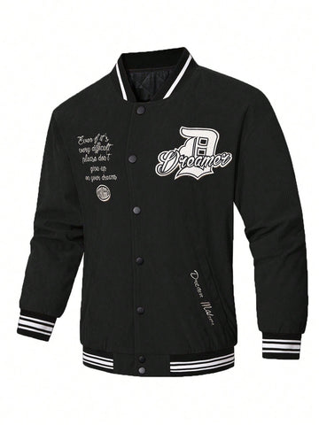 Men's Single Breasted Padded Baseball Collar Jacket Coat With Letter Printed Pattern