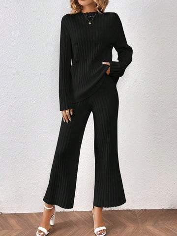 Women's Ribbed Knitted Sweater And Knit Pants Two-Piece Set