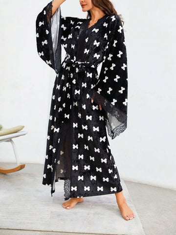 Allover Bow Print Belted Robe