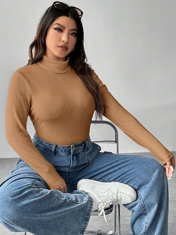 Plus Solid High Neck Ribbed Knit Bodysuit