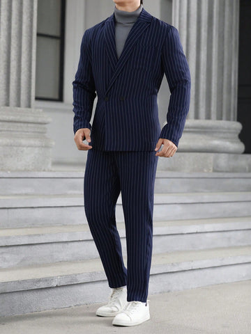 2pcs/set Men's Striped Suit Collar Suit