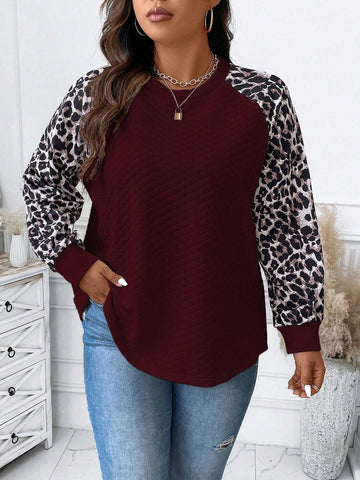 Plus Leopard Print Raglan Sleeve Waffle Knit Sweatshirt