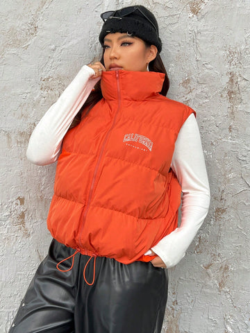 Women'S Plus Size Letter Printing Stand Collar Padded Vest