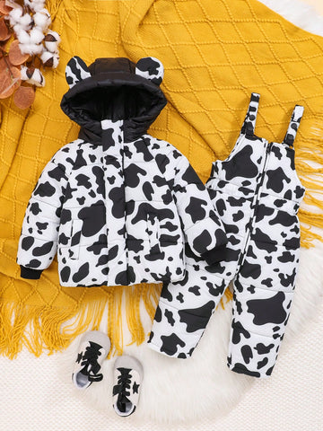 Infant Unisex Casual Fleece Lined Hooded Jacket And Pants Set With Cow Pattern, Winter