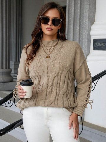 Plus Lace Up Sleeve Cable Knit Sweater