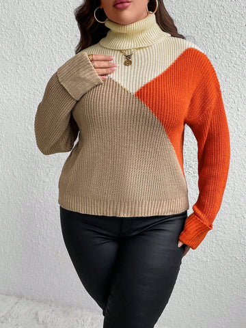 Plus Colorblock Turtleneck Drop Shoulder Sweater