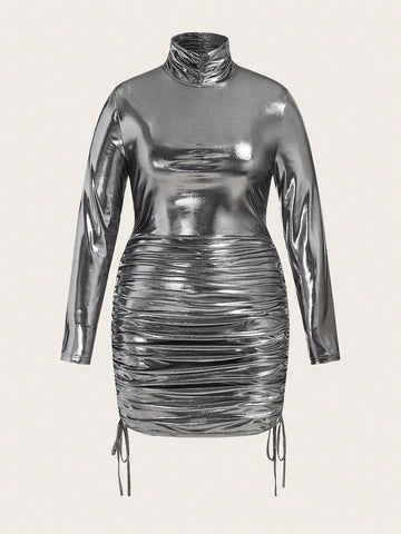 Plus High Neck Drawstring Side Metallic Dress