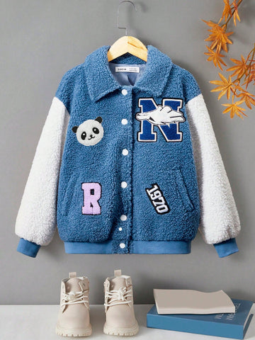 Girls Letter Patched Teddy Jacket