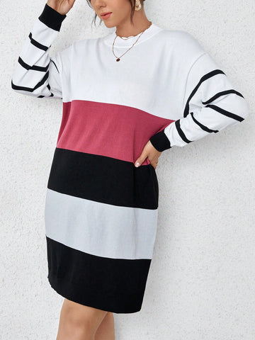 Plus Striped Pattern Colorblock Drop Shoulder Sweater Dress