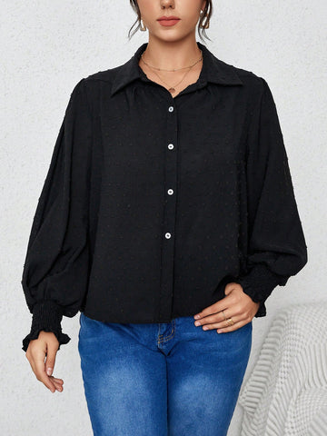 Plus Solid Button Front Bishop Sleeve Shirt