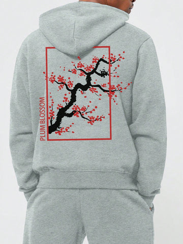 Men's Hoodie With Floral And English Letter Print, Fleece Lined And Drawstring Design