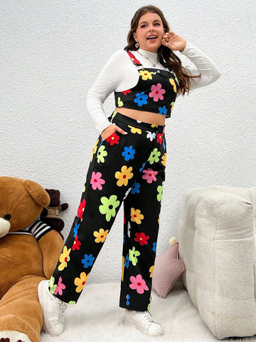 Plus Size Women's Floral Pattern Cropped Top And Long Pants Set