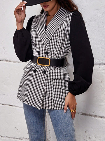 Houndstooth Print Double Breasted Blazer Without Belt