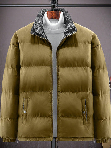 1pc Men's Oversized Puffer Coat With Drawstring Hem, Zip Up, Reversible