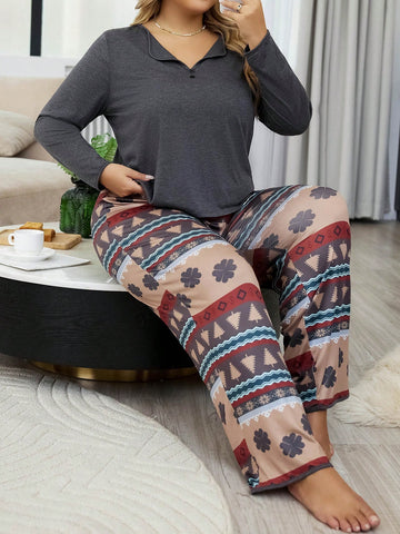 Plus Size Button Detail Solid Color Top And Geometric Printed Pants Pajama Set