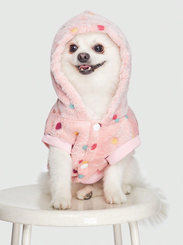Autumn And Winter Warm Plush Pink Cute Polka Dot Pet Hooded Jacket