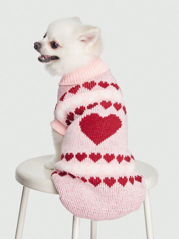 Valentine's Day Pink Cute & Warm Knitted Pet Sweater For Autumn & Winter, Red Heart Design, Suitable For Cats & Dogs