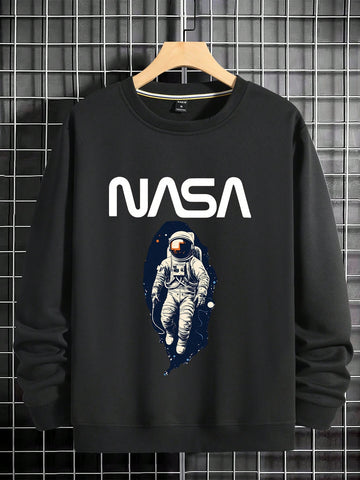 Men's Casual Round Neck Sweatshirt With Astronaut & Text Print